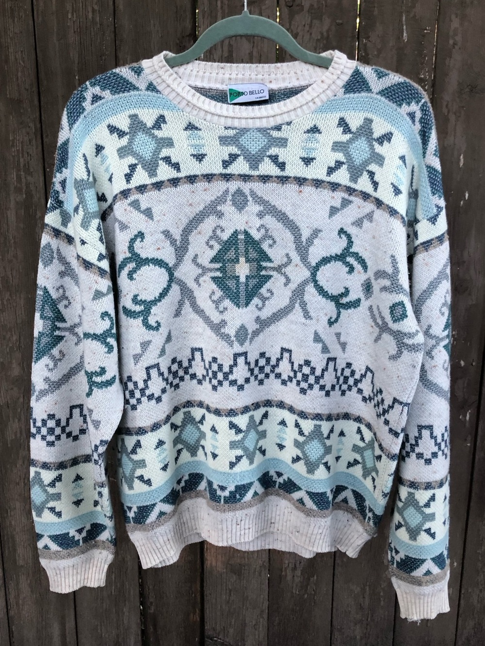 Vintage Nautical Geometric Pattern Knit Crew Neck Sweater Coastal Grandma